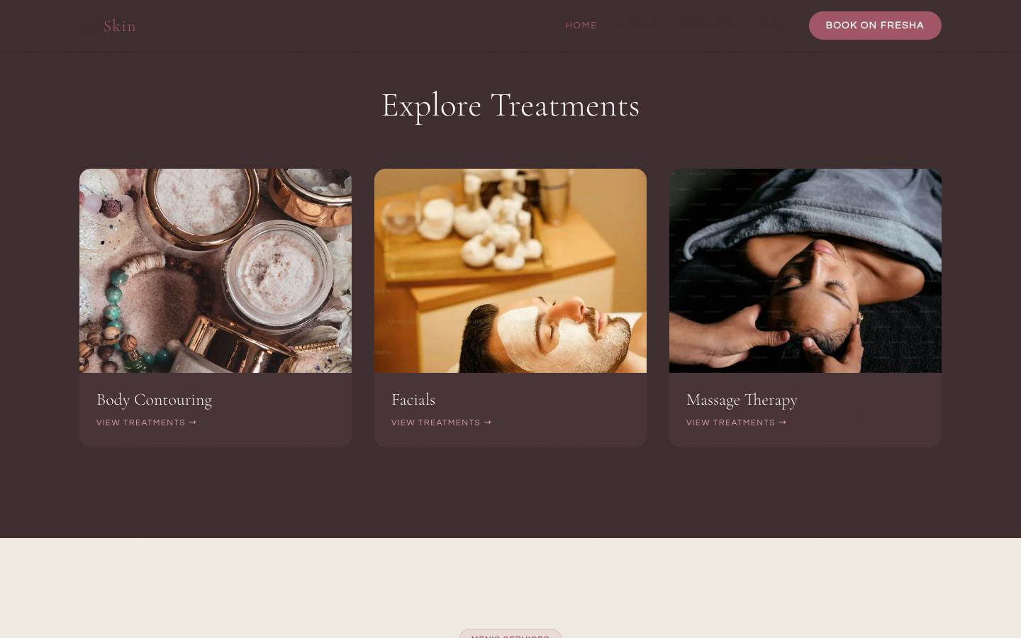 Explore Treatments — three main categories leading into fifteen treatment pages, each one findable on Google.