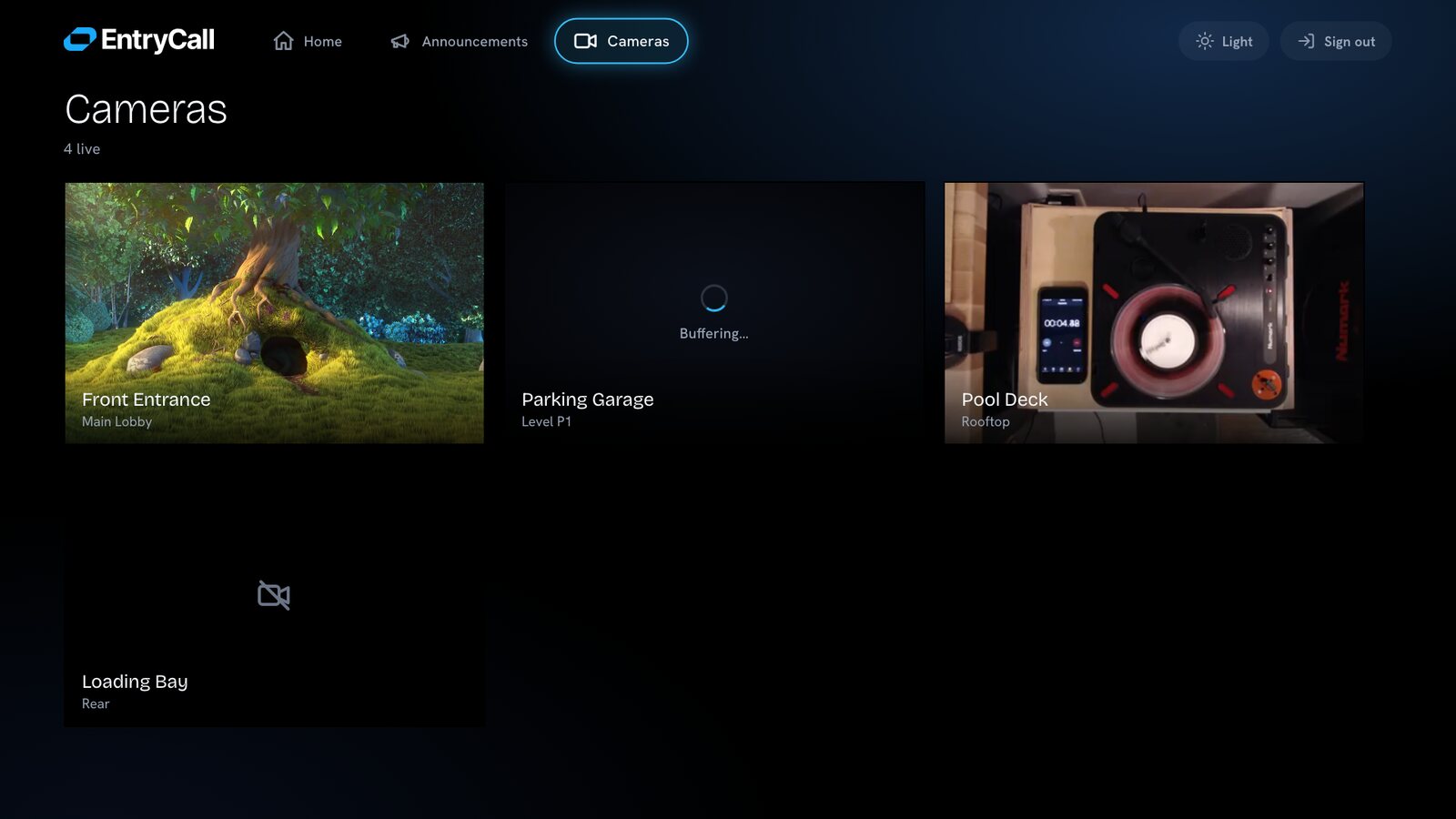 The cameras grid — every entrance on one screen, with clear states for live, loading, and offline.