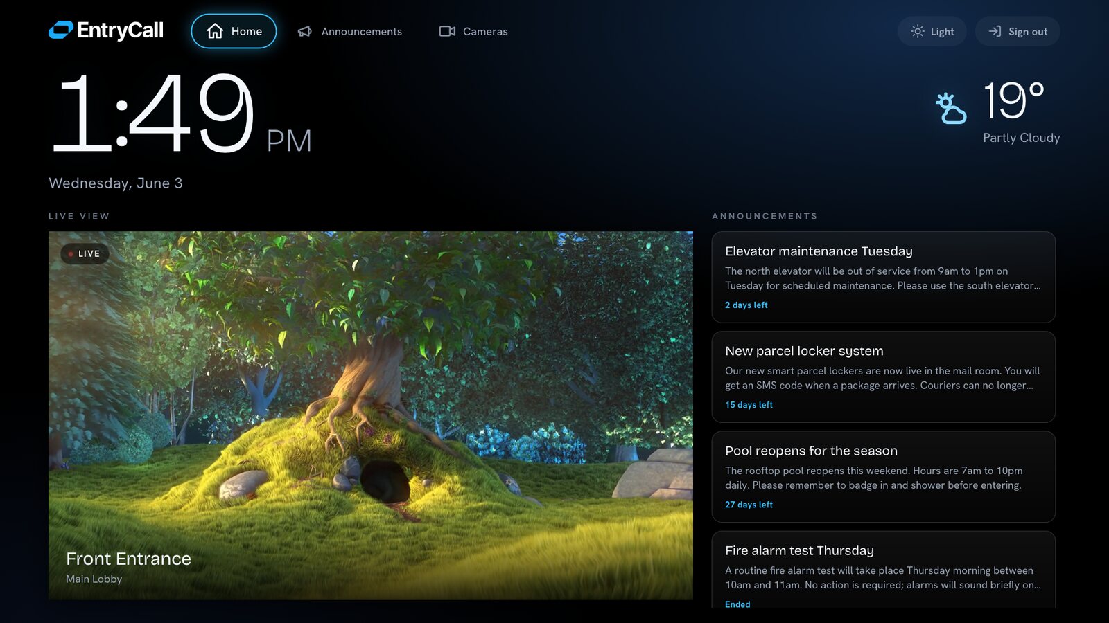 The lobby dashboard — the live entrance feed, time and weather, and the news rail on one screen.