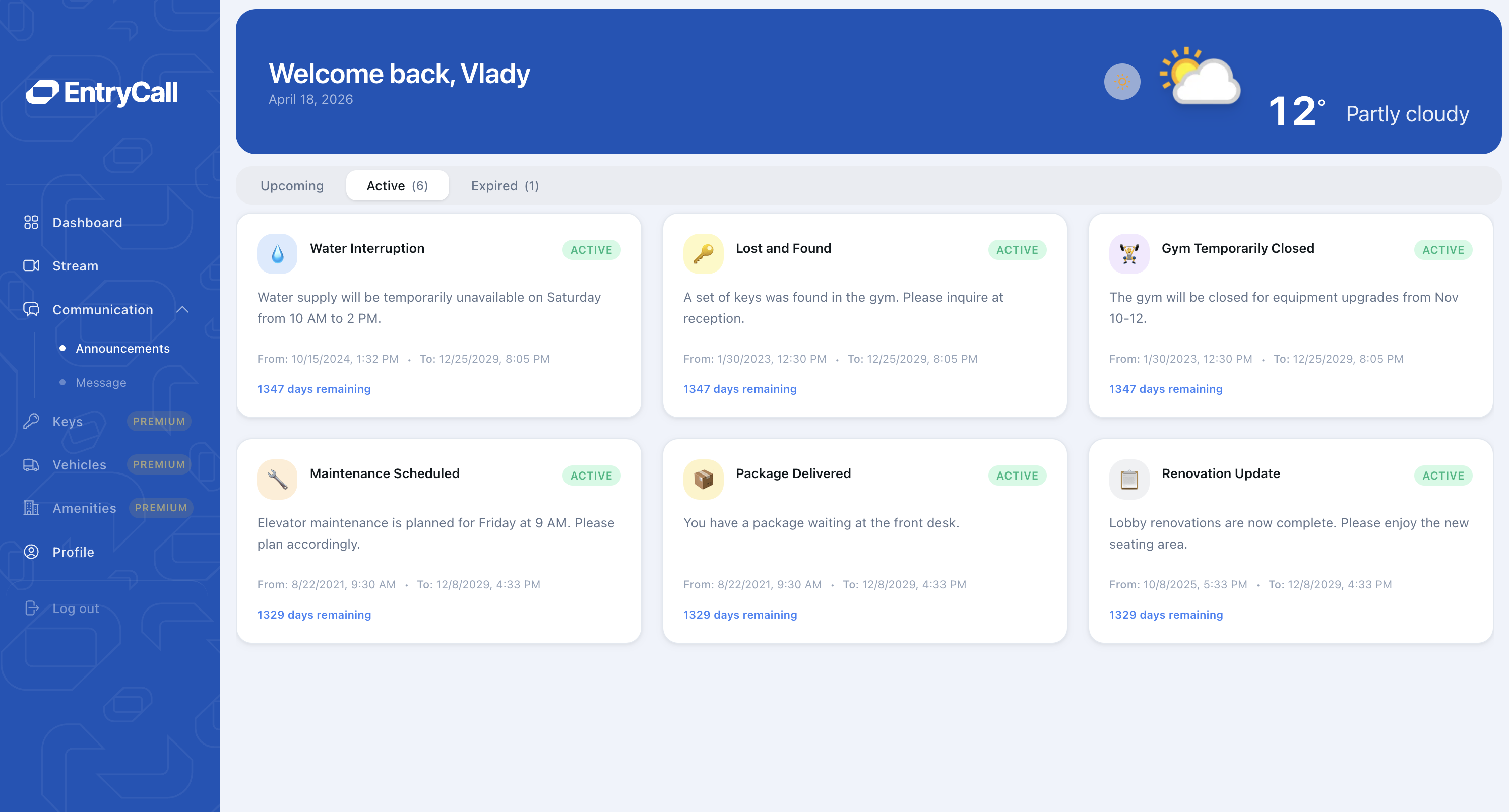 Building announcements — current, upcoming, and expired notices for every resident.