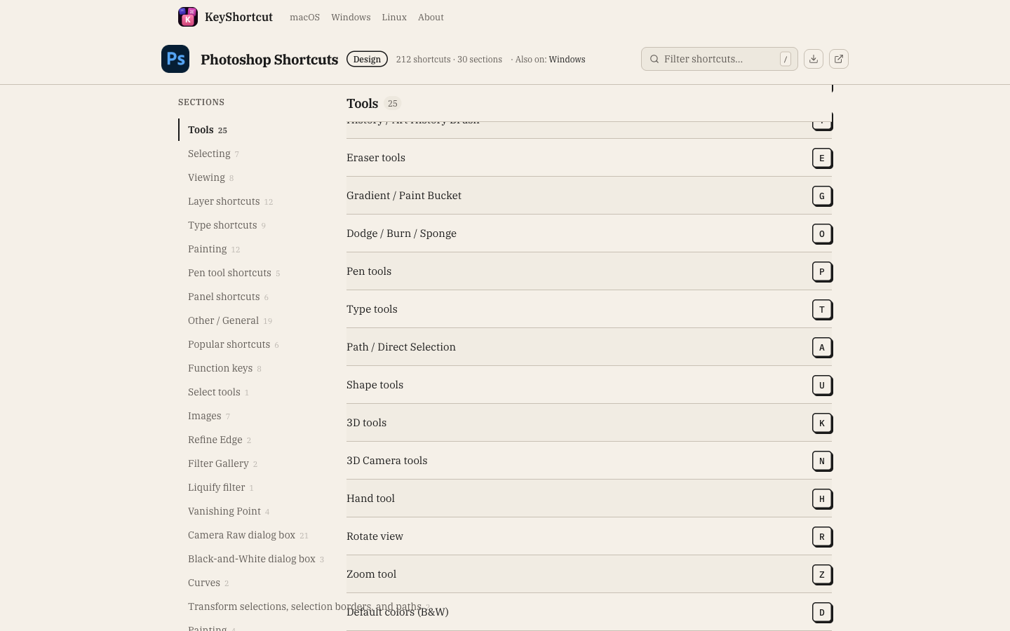 An app page — a sidebar of sections, a filterable table, and the right key symbols for your system.