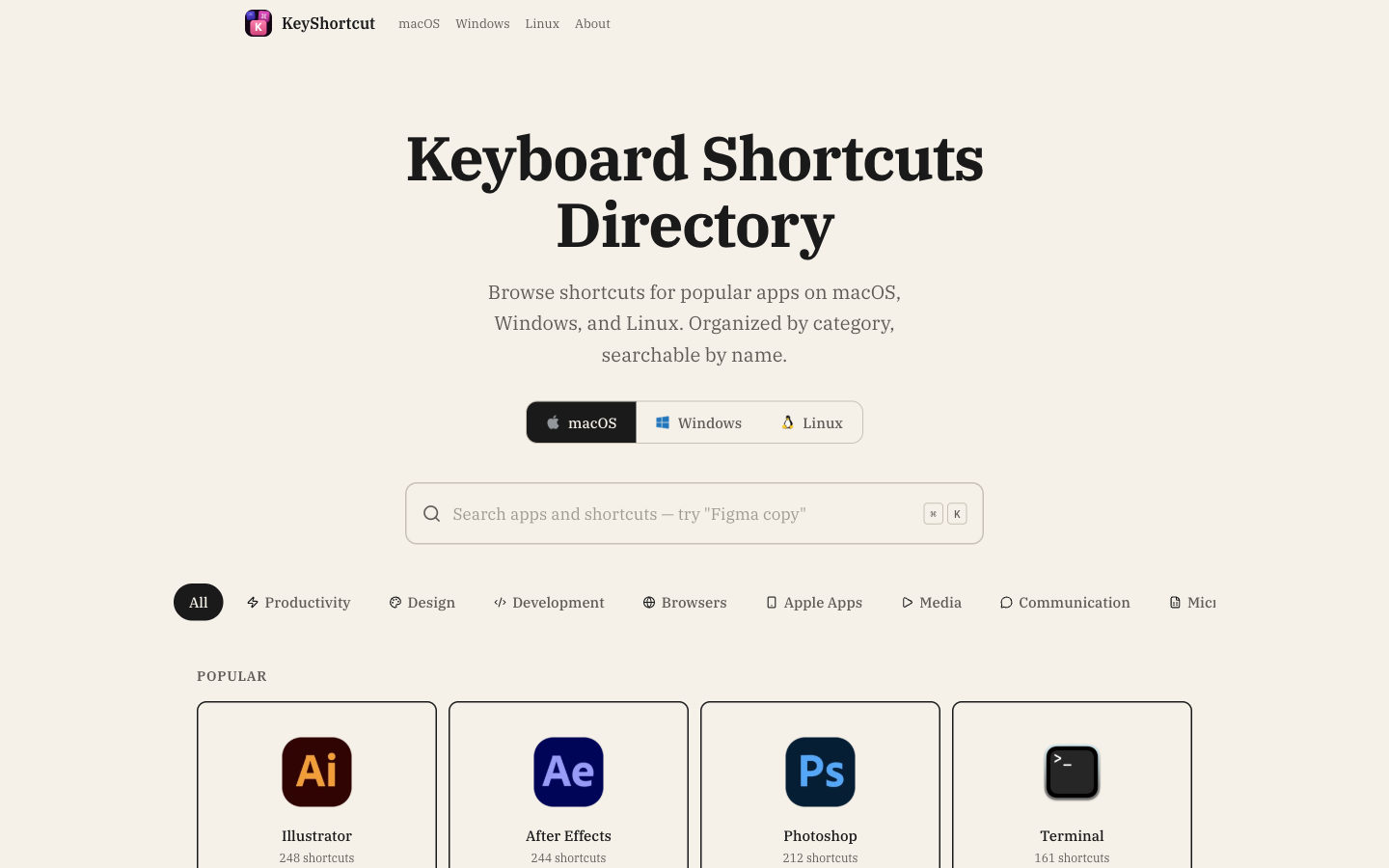 The home page — pick your system, search everything, or browse the most-used apps.