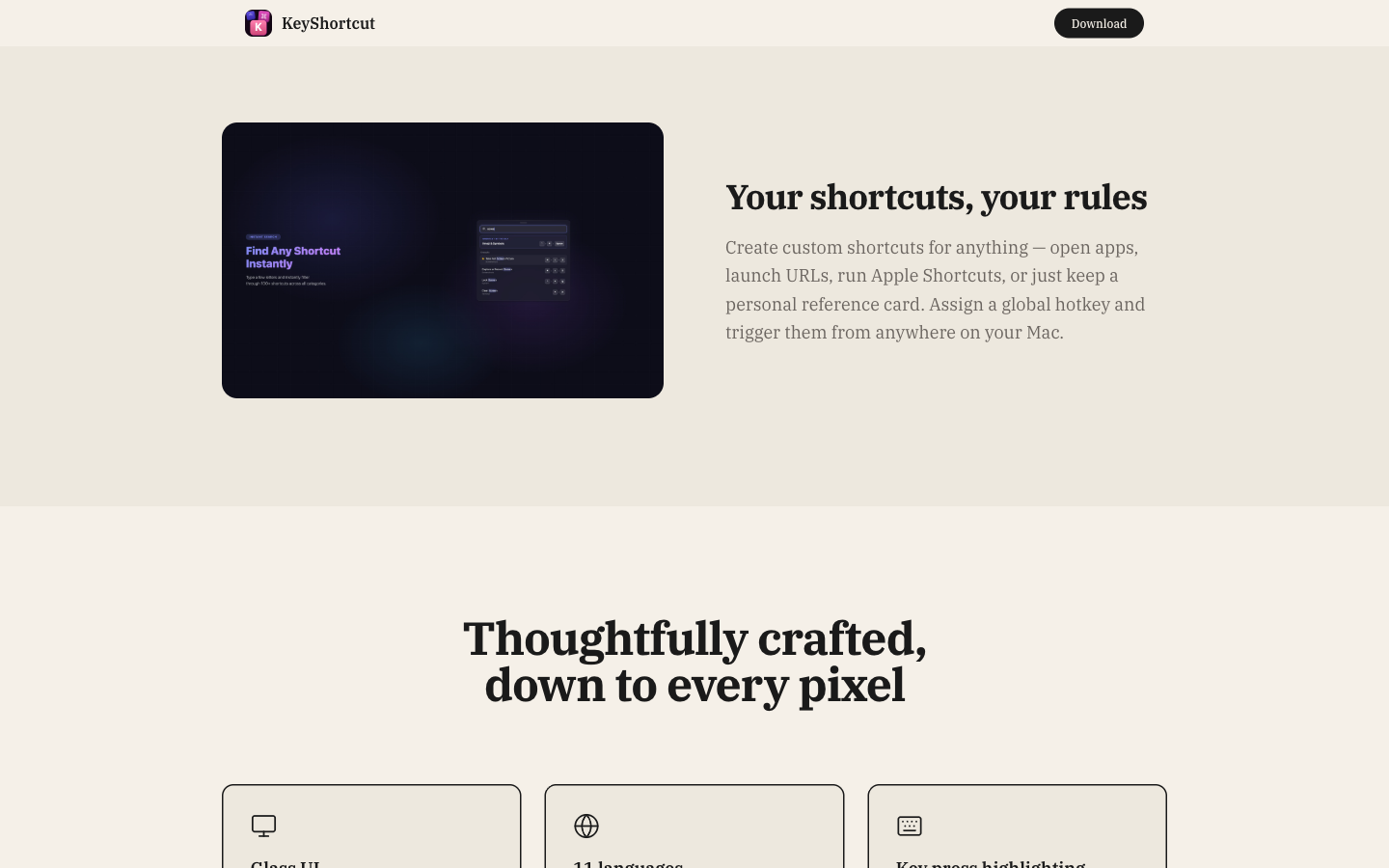 Your own shortcuts — open apps, launch links, run Apple Shortcuts, or keep a personal note behind one hotkey.