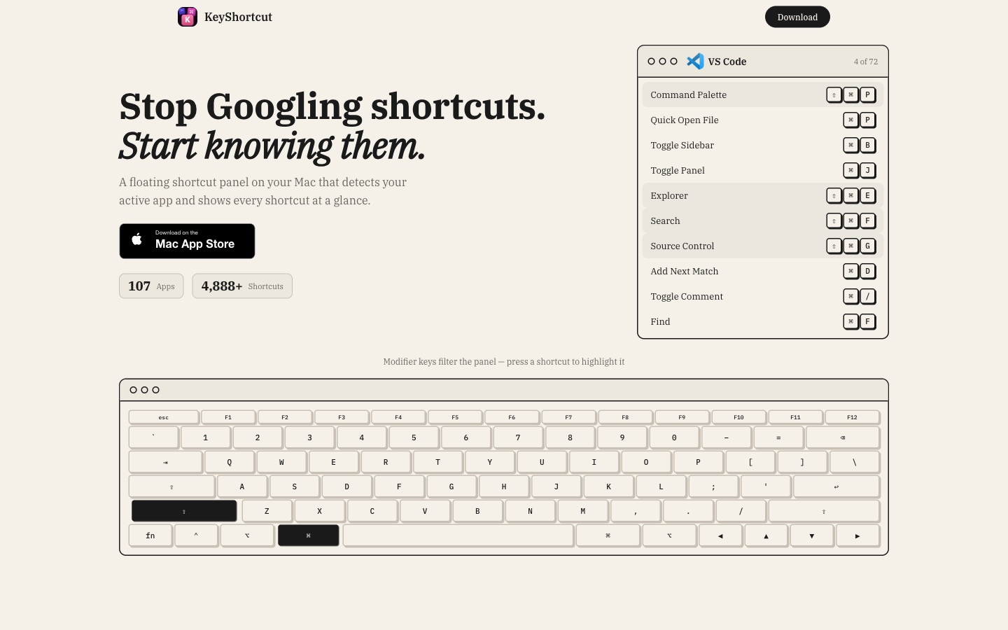 The landing page — a panel preview next to a keyboard you can actually press.